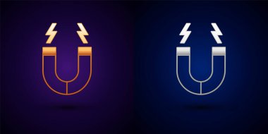 Gold and silver Magnet icon isolated on black background. Horseshoe magnet, magnetism, magnetize, attraction. Vector.