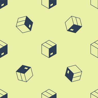 Mavi karton karton kutu simgesi sarı arka planda izole edilmiş pürüzsüz desen. Kutu, paket, paket işareti. Teslimat ve ambalaj. Vektör.