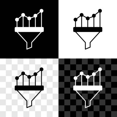 Satış hunisini pazarlama ve girişim simgesi olarak siyah beyaz, şeffaf arkaplanda izole edilmiş bir grafikle ayarla. Bilgi şablonu. Vektör.