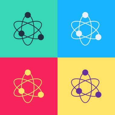 Pop Art Atom simgesi renk arkaplanında izole edildi. Bilimin, eğitimin, nükleer fiziğin, bilimsel araştırmaların sembolü. Vektör.