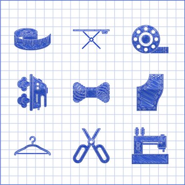 Set Sewing thread on spool Scissors machine Pattern Hanger wardrobe Electric iron Tape measure and icon. Vector.