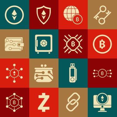 Set Monitor and Cryptocurrency coin Ethereum ETH bitcoin circle with microchip circuit Bitcoin Globe cryptocurrency Safe wallet and CPU mining farm icon. Vector.