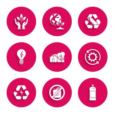 Set Eco friendly house Plastic bottle Solar energy panel Battery with recycle symbol Light bulb lightning Recycling plastic and Plant hand of environmental protection icon. Vector.