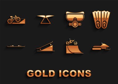 Set Skateboard on street ramp Rubber flippers for swimming Snowmobile Bicycle Snowboard Diving mask and Hang glider icon. Vector.