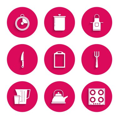 Set Cutting board Kettle with handle Gas stove Fork Measuring cup Knife Kitchen apron and timer icon. Vector.