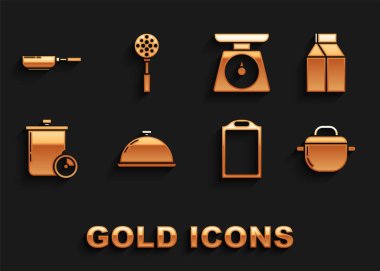 Set Covered with a tray of food Paper package for milk Cooking pot Cutting board and kitchen timer Scales Frying pan and Spatula icon. Vector.