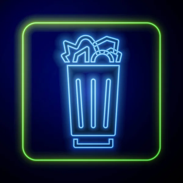 Glowing Neon Full Trash Can Icon Isolated Blue Background Garbage — Stockvector
