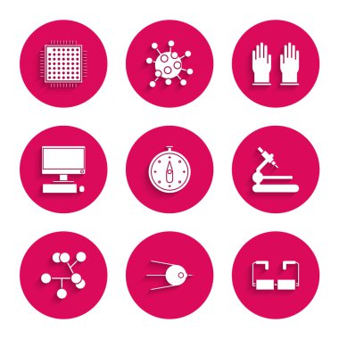 Set Compass Satellite Glasses Microscope Molecule Computer monitor with keyboard and mouse Rubber gloves and Processor icon. Vector.