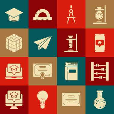 Set Test tube and flask chemical laboratory Abacus Graduation cap on screen smartphone Drawing compass Paper airplane Rubik cube and Glass test fire icon. Vector.