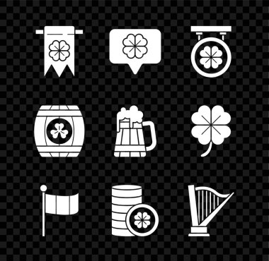 Set Four leaf clover and party pennant in speech bubble Street signboard with four National Ireland flag Gold coin Harp Wooden barrel and beer mug icon. Vector.