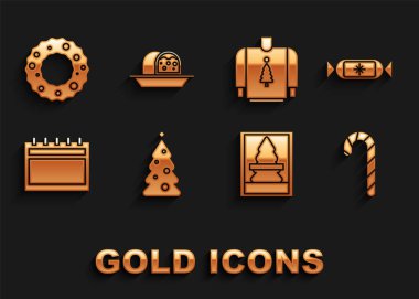 Set Christmas tree with decorations Candy candy cane stripes postcard Calendar sweater wreath and Marzipan sponge cake icon. Vector.