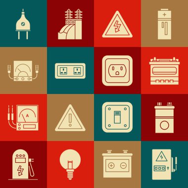 Set Electrical panel Car battery High voltage sign outlet Ampere meter multimeter voltmeter plug and in the USA icon. Vector.