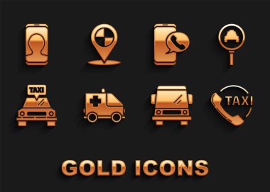 Set Ambulance and emergency car Magnifying glass taxi Taxi call telephone service Car and Map pointer with icon. Vector.