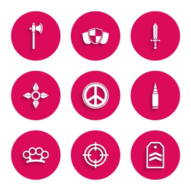 Set Peace Target sport Chevron Bullet Brass knuckles Japanese ninja shuriken Medieval sword and axe icon. Vector.