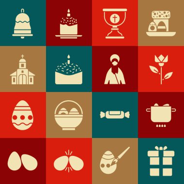 Set Gift box Egg in hot pot Flower tulip Christian chalice Easter cake and candle Church building Ringing bell and Jesus icon. Vector.