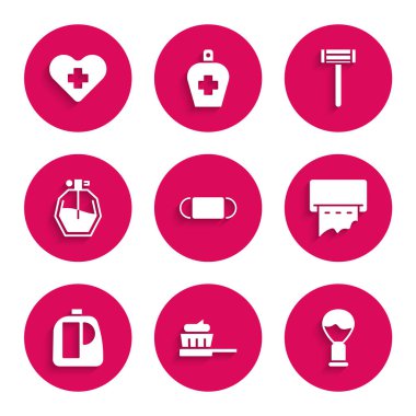 Set Medical protective mask Toothbrush with toothpaste Shaving Paper towel dispenser on wall Bottles for cleaning agent Perfume razor and Heart cross icon. Vector.