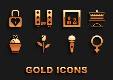 Set Flower rose Cake on plate Female gender symbol Microphone Wedding cake with heart Family photo Lock and and Home stereo two speakers icon. Vector.