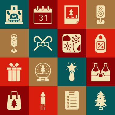 Set Christmas tree Champagne bottle Price tag with Sale postcard candy cane Glass of champagne Interior fireplace and Firework rocket icon. Vector.