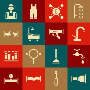 Set Pipe adapter Water tap Bathtub Broken pipe Plumber and Industry metallic icon. Vector.