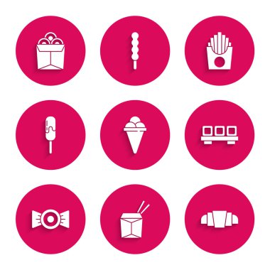 Set Ice cream in waffle cone Asian noodles and chopsticks Croissant Sushi cutting board Candy Potatoes french fries box and Noodles icon. Vector.