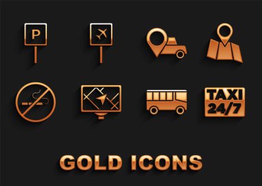 Set Gps device with map Folded location Location taxi Bus No Smoking Parking and Airport icon. Vector.