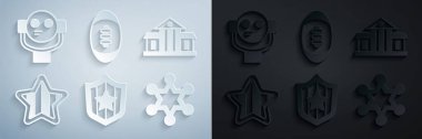 Set Shield with stars White House USA Independence day Hexagram sheriff American Football ball and Tourist binoculars icon. Vector.