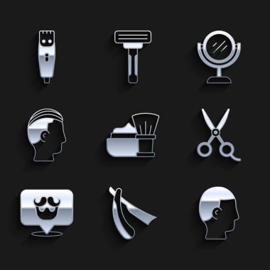 Set Shaving brush with foam Straight razor Hairstyle for men Scissors hairdresser Barbershop Hand mirror and clipper icon. Vector.