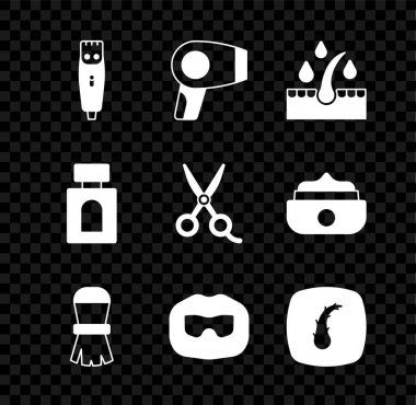 Set Hair clipper dryer Oil for hair care treatment Shaving brush Mustache and beard Human follicle Aftershave and Scissors hairdresser icon. Vector.