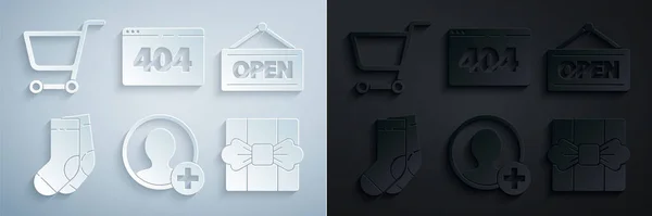 Set Create Account Screen Hanging Sign Open Socks Gift Box — Vetor de Stock