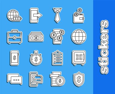 Set line Shield with dollar symbol Safe Earth globe Tie Stacks paper money cash Briefcase Battery charge level indicator earth and Smartphone icon. Vector.