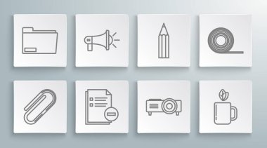 Set line Paper clip Megaphone Document with minus Presentation movie film media projector Cup of tea and leaf Pencil Scotch and folder icon. Vector.