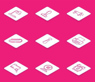 Set line Table lamp Stamp Megaphone Paper clip Tie Printer Search concept with folder and Web camera icon. Vector.