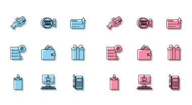 Set line Paper shopping bag Pos terminal inserted Wallet stacks paper money cash Gift box check financial check and Signboard hanging inscription here icon. Vector.