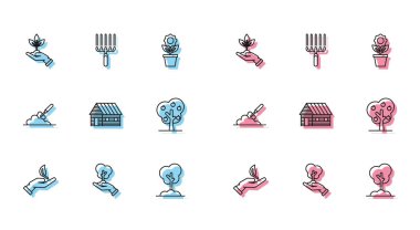 Set line Sprout in hand of environmental protection Tree Plant the ground Farm house with apple Garden trowel spade or shovel and rake work icon. Vector.