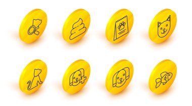 Set line Fish Dog Veterinary clinic symbol Cat Bag of food for dog Shit and icon. Vector.