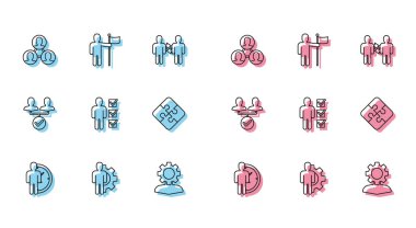 Set line Time Management Human with gear inside Project team base User of business suit Piece puzzle and holding flag icon. Vector.