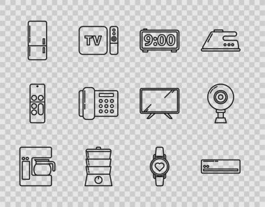 Set line Coffee machine with glass pot Air conditioner Digital alarm clock Double boiler Refrigerator Telephone Smart watch showing heart beat rate and Web camera icon. Vector.