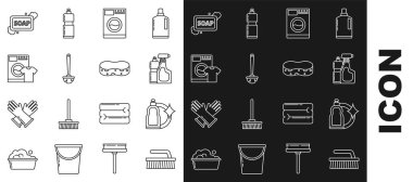 Set line Brush for cleaning Plastic bottles liquid dishwashing liquid Washer Toilet brush and t-shirt Bar of soap with foam and Sponge icon. Vector.