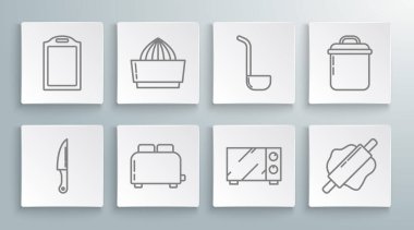 Set line Knife Citrus fruit juicer Toaster with toasts Microwave oven Rolling pin Kitchen ladle Cooking pot and Cutting board icon. Vector.