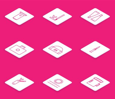 Set line Flashlight Snorkel Rubber flippers for swimming First aid kit Case box container wobbler Army knife Swiss army and Sun and waves icon. Vector.