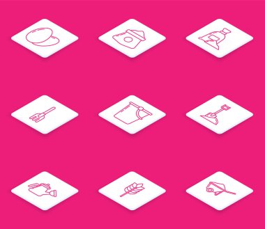 Set line Chicken egg Bag of flour Garden rake Bucket Shovel in the ground Watering can and Cereals with rice wheat corn oats rye icon. Vector.