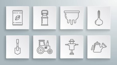 Set line Shovel Can container for milk Tractor Scarecrow Watering can Udder Onion and A pack full of seeds of specific plant icon. Vector.