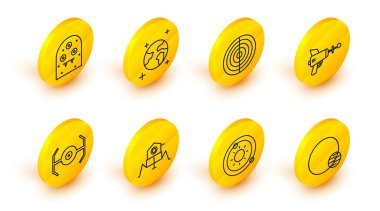 Set line Planet Solar system Mars rover Cosmic ship Ray gun Earth structure globe and Alien icon. Vector.