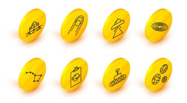 Set line Planet Mars rover Great Bear constellation UFO flying spaceship Satellite and icon. Vector.