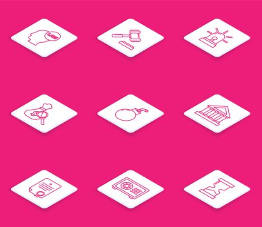 Set line Head with law Judge gavel Flasher siren Money bag and magnifying glass Bomb ready to explode Courthouse building Certificate template and Safe icon. Vector.