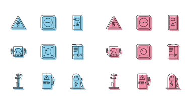 Set line High voltage power pole line Electrical panel sign car charging station light switch Car battery Ampere meter multimeter voltmeter and outlet icon. Vector.