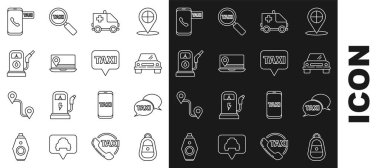 Set line Car key with remote Taxi call telephone service Ambulance and emergency car Laptop location marker Petrol or Gas station and Map pointer taxi icon. Vector.
