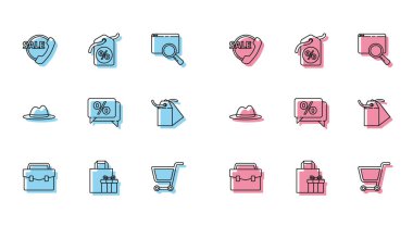 Set line Briefcase Gift box Telephone 24 hours support Shopping cart Discount percent tag Blank label template price Man hat with ribbon and icon. Vector.