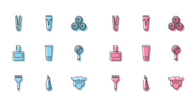 Set line Hairbrush Straight razor Curling iron for hair Mustache and beard Cream lotion cosmetic tube Hand mirror Aftershave and Electrical clipper shaver icon. Vector.