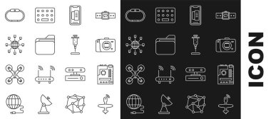 Set line UAV Drone Motherboard Mirrorless camera Smartphone mobile phone Document folder Social network Smartwatch and Syringe icon. Vector.